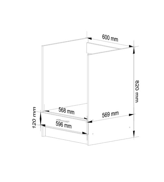 Technische Zeichnung eines Badezimmerunterschranks mit Schublade und den Maßen 600 mm Breite, 820 mm Höhe, 569 mm Tiefe und einer Schubladenhöhe von 120 mm.