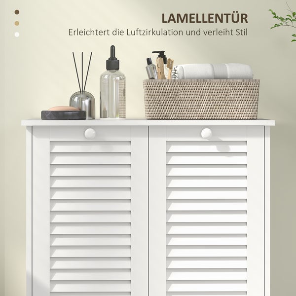 HOMCOM Wäscheschrank, Badschrank mit 2 Wäschekörben, Badezimmerschrank mit Griffen, Lamellentüren Wäschesammler Badmöbel für Badezimmer 70 x 38 x 73 cm Weiß