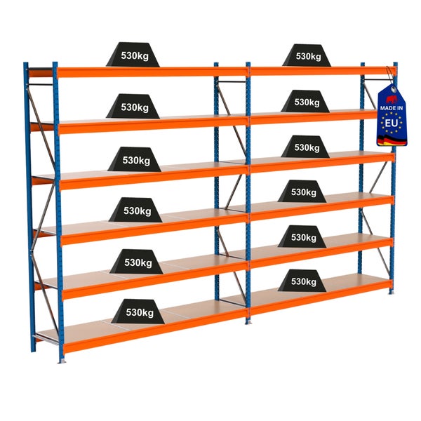 Belastetes Schwerlastregal mit 'Hergestellt in der EU' Siegel