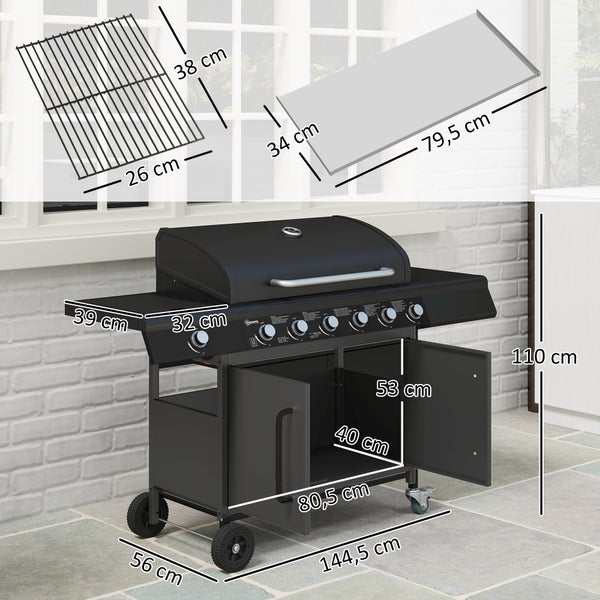 Outsunny Gasgrill 21,2 KW 6+1 Brenner BBQ Grillwagen aus Edelstahl inkl Rolle Seitenbrenner Thermometer Grillrost Kochfeld Seitentisch Gas-Grill für Balkon Camping 144,5 x 56 x 110cm