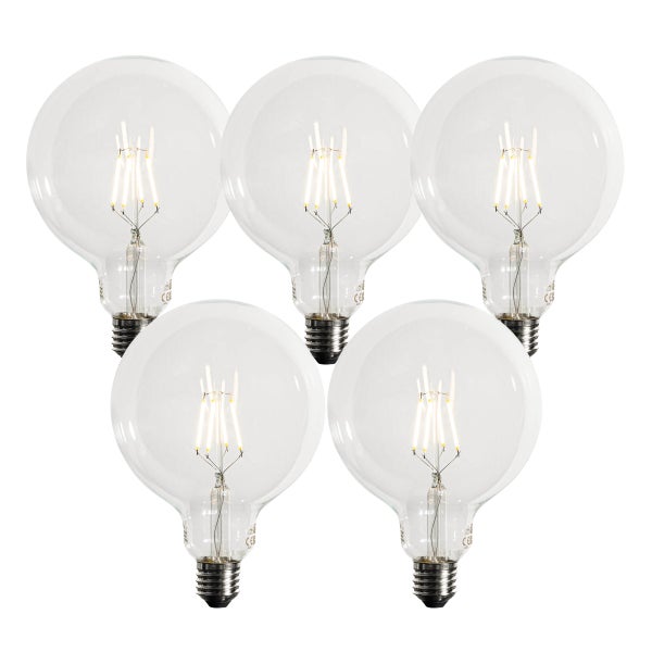 Fünf LED-Filament-Globelampen mit E27-Sockel und klarem Glas.