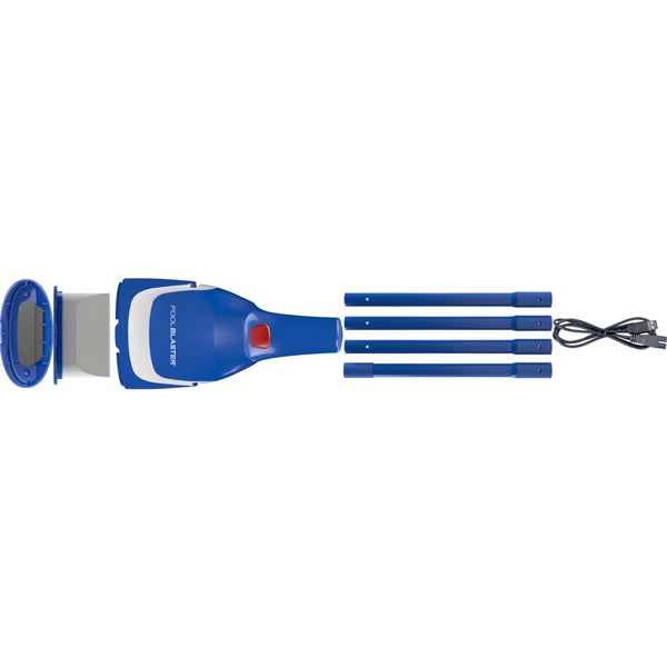 Akku-Poolsauger Pool Blaster mit Filterbeutel, vierteiliger Stange und USB-Ladekabel.
