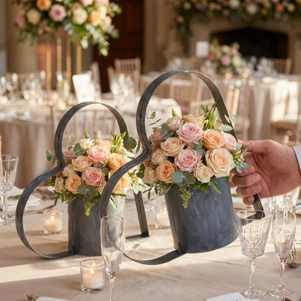 Zwei metallene Blumengefäße in Herzform auf einem festlich gedeckten Tisch mit Blumenarrangements und Kerzen.