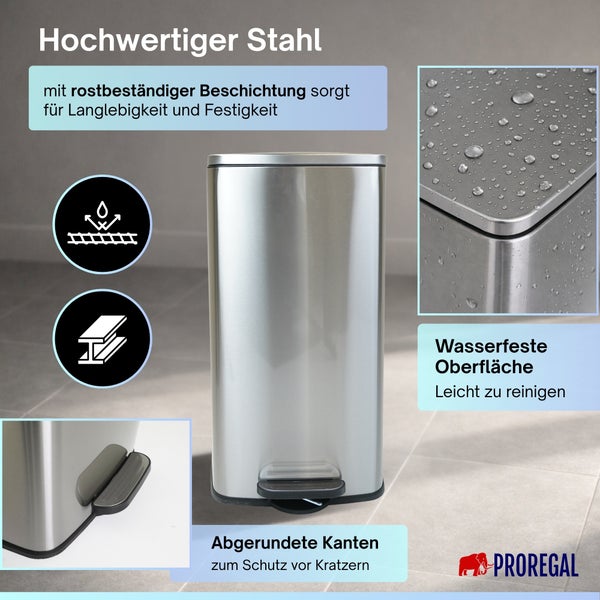 Tretabfalleimer aus hochwertigem Stahl mit rostbeständiger Beschichtung, wasserfester Oberfläche und abgerundeten Kanten. Proregal Logo.