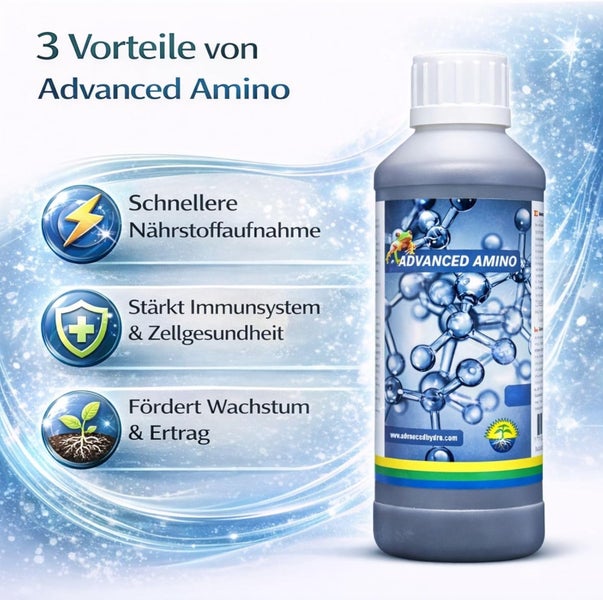 Drei Vorteile von Advanced Amino: schnellere Nährstoffaufnahme, Stärkung von Immunsystem und Zellgesundheit sowie Förderung von Wachstum und Ertrag