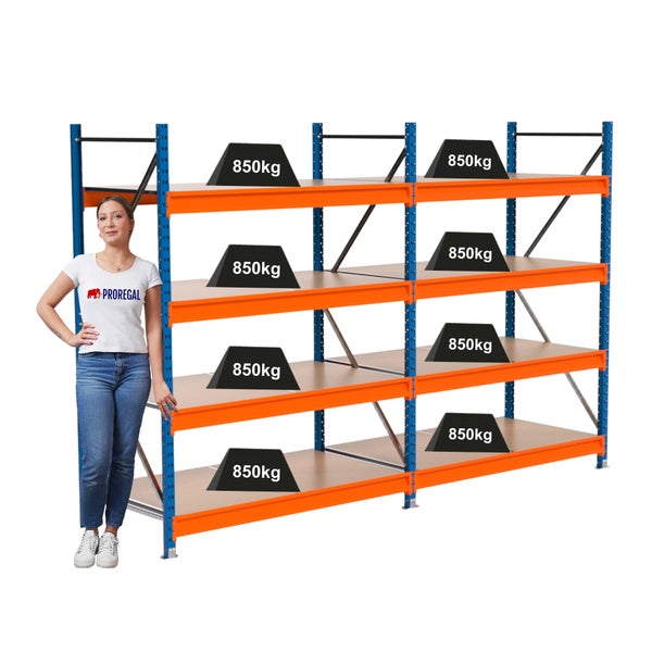 Regalsystem mit Stahlrahmen und Holzböden, belastbar mit bis zu 850 kg pro Ebene