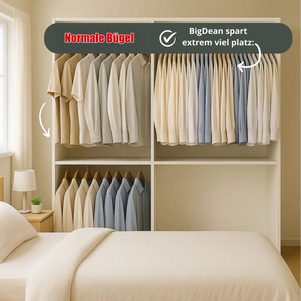 Kleiderschrank mit hängender Kleidung und Hinweisen auf normale Bügel und Platzersparnis.