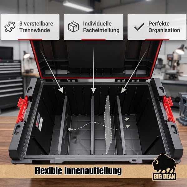 Geöffnete Werkzeugbox mit drei verstellbaren Trennwänden für eine individuelle Facheinteilung und Organisation von Werkzeug.