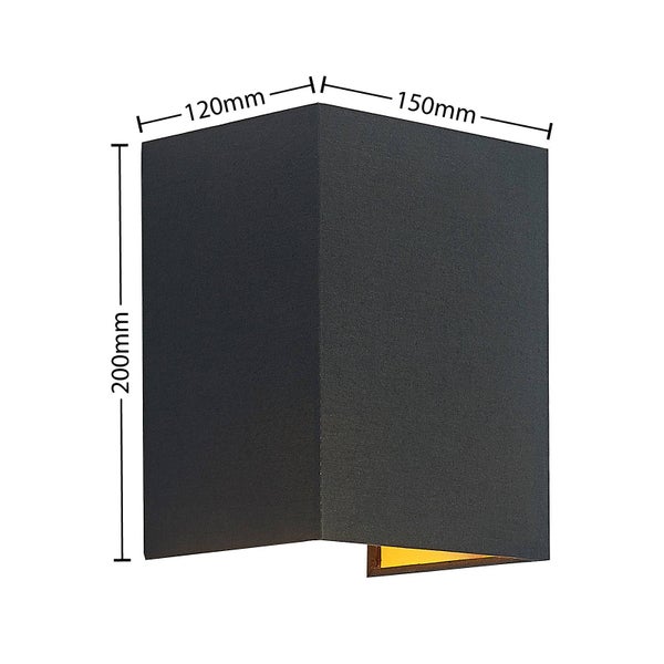 Moderne schwarze Außenwandleuchte mit Maßangaben: Höhe 200 Millimeter, Breite 150 Millimeter und Tiefe 120 Millimeter.