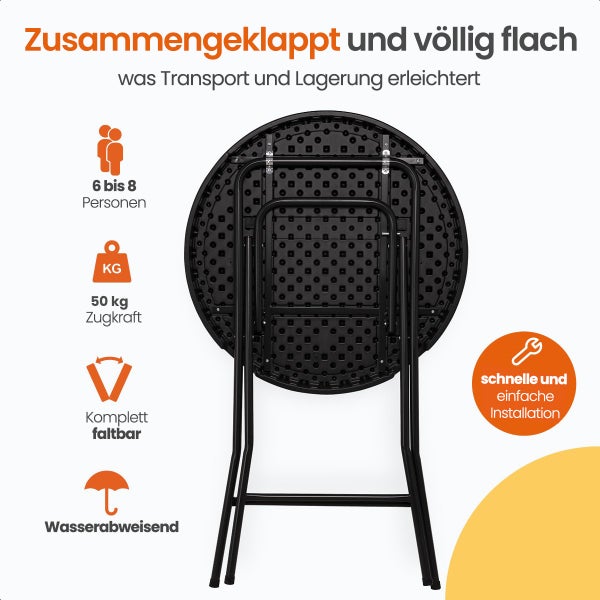 Goliving Bartisch - Inklusive Tischabdeckung - Tischschürze - Zusammenklappbar - Stabiler Partytisch - Für den Innen- und Außenbereich - Belastbarkeit 50kg - Ø80 x 110 cm - 8,5 kg - Schwarz