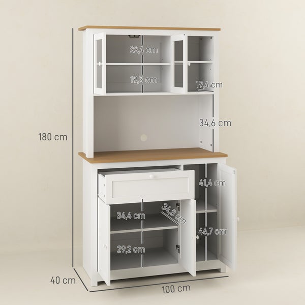 HOMCOM Küchenschrank, Küchenbuffet mit Schublade, Mehrzweckschrank mit 2 Offenen Ebenen, 3 Schränken, Vitrinenschrank mit Tischplatte für Wohnzimmer, Weiß, 100 x 40 x 180 cm