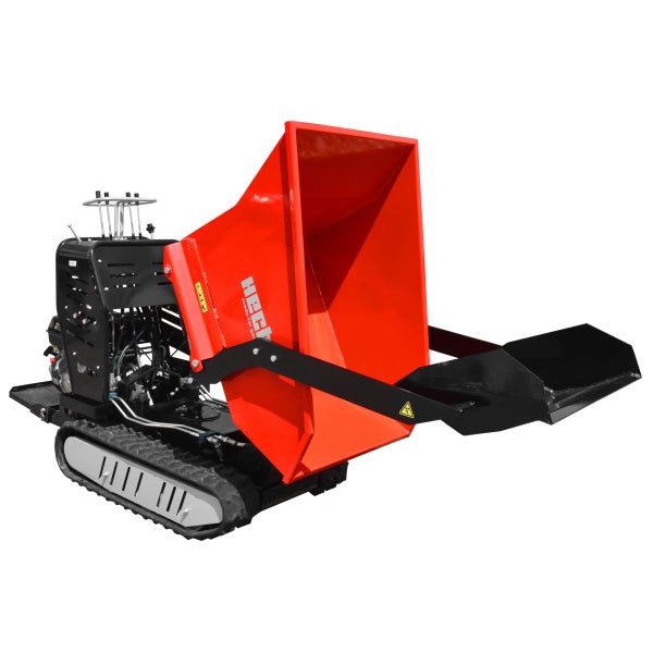 Hecht Raupendumper mit roter Kippmulde, hydraulischer Selbstladeschaufel und Kettenantrieb.