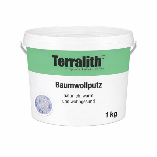 Terralith Baumwollputz im 1 Kilogramm Eimer.