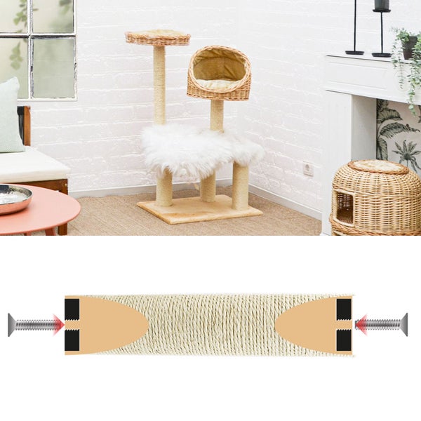 Kratzbaum aus Sisal und Weide im Wohnzimmer und technische Darstellung eines Ersatzstamms mit Schraubgewinden.