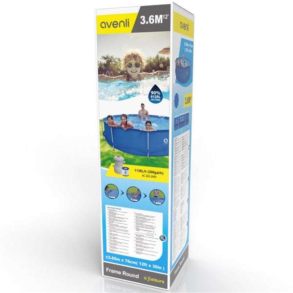 Avenli Frame Round Pool Verpackung mit Produktinformationen und Bildern von spielenden Kindern im Pool.