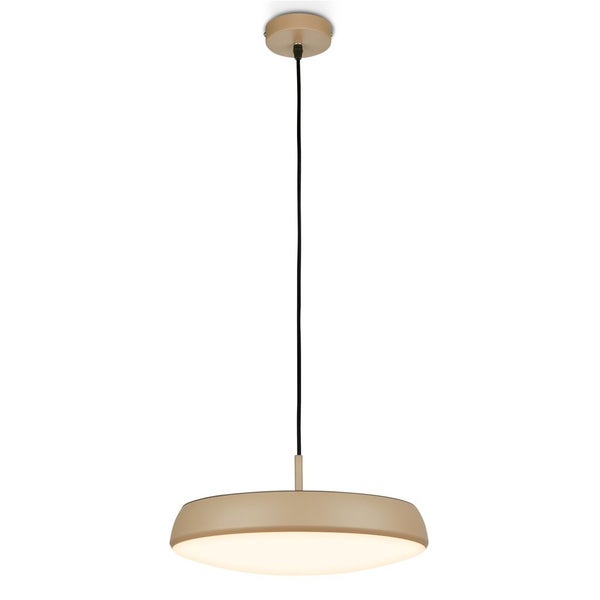 Moderne Hängeleuchte mit flachem, rundem Leuchtenschirm und Deckenbefestigung.