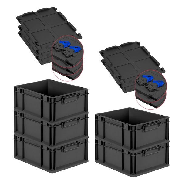 PROREGAL SuperSparSet 5x Eurobox NextGen Grip mit Scharnierdeckel und blauen Schiebeschnappverschlüssen, HxBxT 17x30x40cm, 16 Liter, Schwarz, Griffe geschlossen, Eurobehälter, Transportbox, Transportbehälter, Stapelbehälter