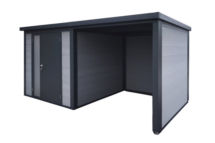 Modernes Gartenhaus mit integriertem Schleppdach aus Metall und Kunststoff, inklusive abschließbarer Tür mit Glaseinsatz.