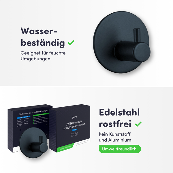 Schwarzer selbstklebender Handtuchhaken aus rostfreiem Edelstahl, wasserbeständig und umweltfreundlich, inklusive EAVY Logo auf der Verpackung.