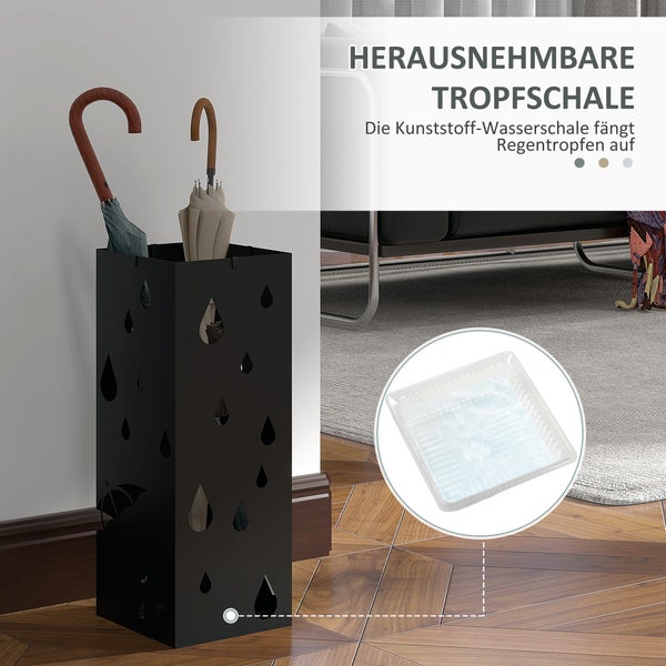 HOMCOM Regenschirmständer Schirmständer mit 4 Haken, Wasserauffangschale Regenschirmhalter für Flur, Regenschirme & Gehstöcke Stahl 15,5 x 15,5 x 40 cm Schwarz