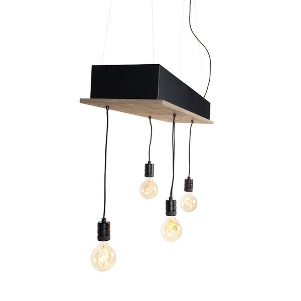 Moderne Pendelleuchte mit vier Lichtquellen in Kombination aus Holz und Metall für eine stilvolle Beleuchtung im Innenbereich.