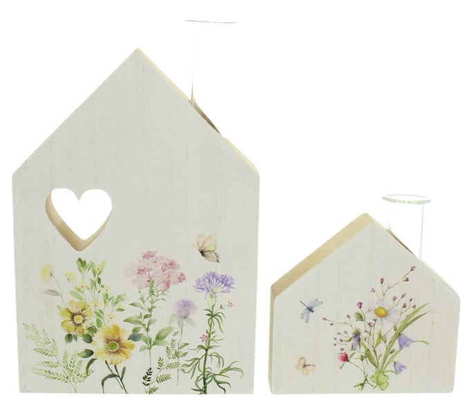 FRANK FLECHTWAREN | Haus mit Vase Blumenwiese, 2er Set, MDF, GLAS, 10 x 2,5 x 9,5 cm, 12,5 x 2,5 x 18 cm