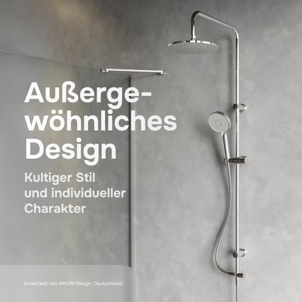Duschsystem mit Kopfbrause und Handbrause, modern verchromt, wandmontiert an einer grauen Fliesenwand.
