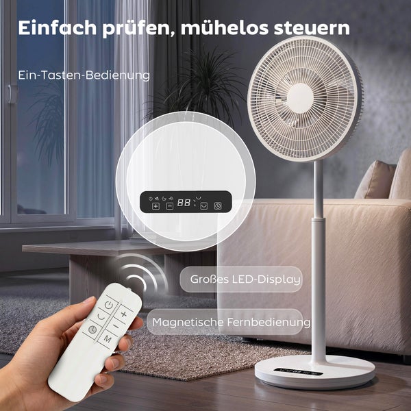 Moderner weißer Standventilator mit Fernbedienung und LED-Display im Wohnzimmer, inklusive Ein-Tasten-Bedienung.