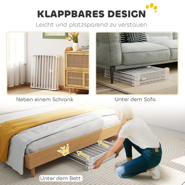 Klappbares Absperrgitter in drei Aufbewahrungsszenarien: aufrecht neben einem Schrank, gefaltet unter einem Sofa und unter einem Bett.