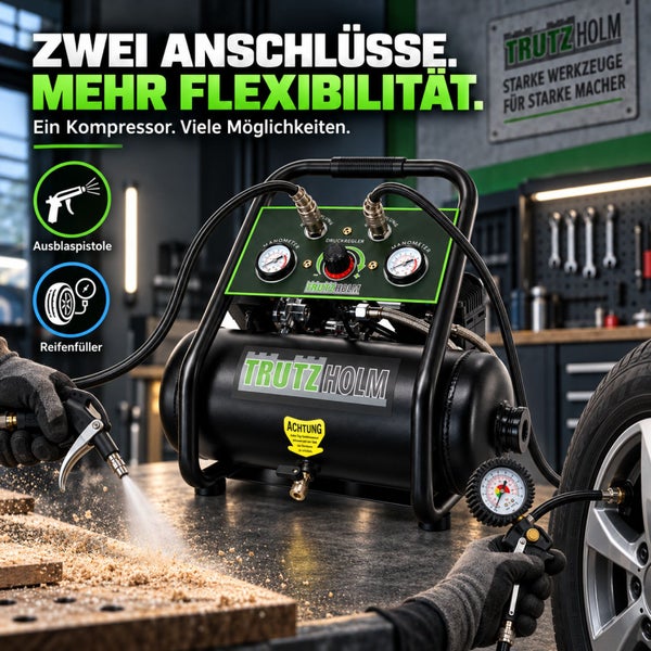 Trutzholm Kompressor mit zwei Anschlüssen beim Einsatz als Ausblaspistole und Reifenfüller in einer Werkstatt.
