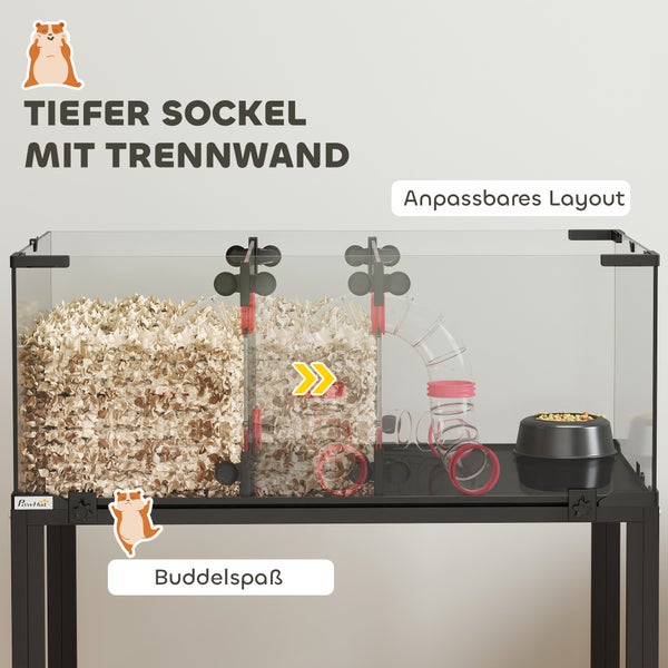 PawHut Hamsterkäfig mit Gestell, tiefem Sockel, Trennwand für Einstreu, Tunnelsystem und anpassbarem Layout. PawHut Logo.