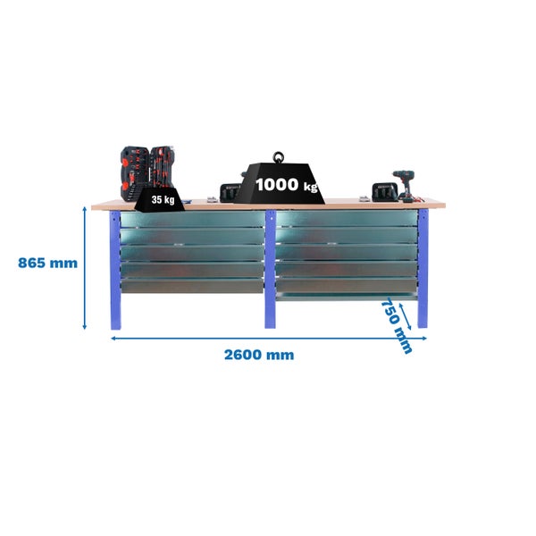 Werkbank BUFFALO WOOD mit 10x Schublade| HxBxT 86,5x260x75cm | Traglast 1000kg | Blau