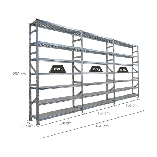 Metallregal mit den Maßen 250 x 460 x 51 cm und einer Traglast von 130 Kilogramm pro Regalboden