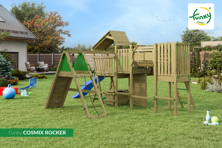 Funky COSMIX ROCKER Spielturm aus Holz mit Rutsche, Schaukel, Kletterwand und Tunnel auf einer Rasenfläche.