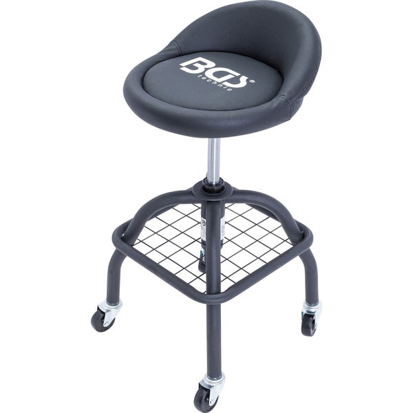 Werkstatthocker mit Rollen und BGS technic Logo auf der Sitzfläche