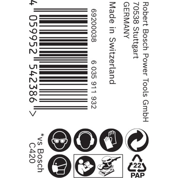 Robert Bosch Power Tools GmbH Information, Hergestellt in Deutschland und der Schweiz, Barcode, Schutzsymbole, Papierverpackung