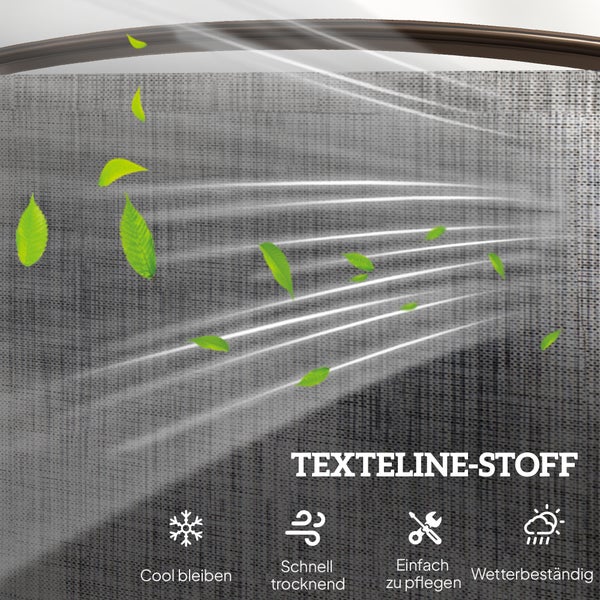 Texteline-Stoff mit Eigenschaften wie kühl bleibend, schnell trocknend, pflegeleicht und wetterbeständig.