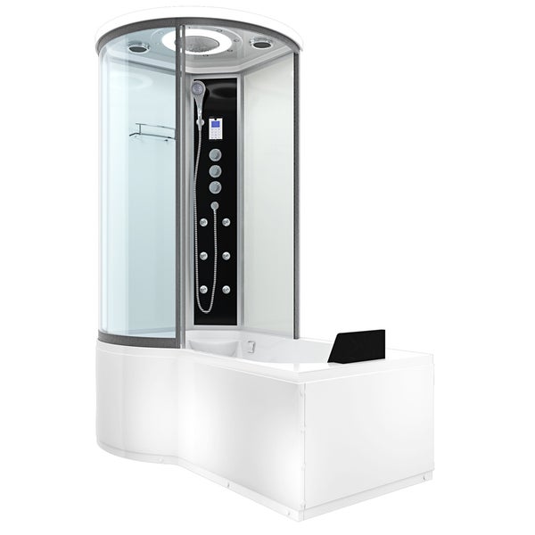 Modernes Badezimmer mit weißer Dusch-Badewannen-Kombination, Glasduschkabine, schwarzem Duschpaneel mit Massagedüsen und Kopfstütze.