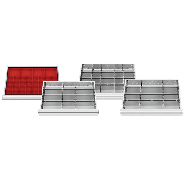 Set aus vier Schubladeneinteilungen für Werkzeugschränke mit verstellbaren Metalltrennern und einem Einsatz für Kleinteile.