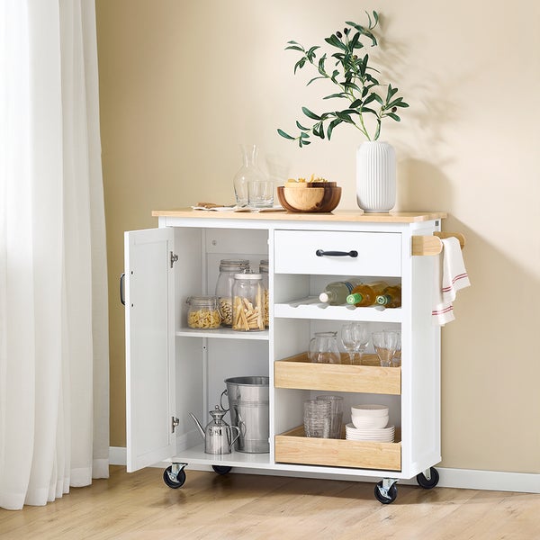 Küchenwagen mit Schublade, Schrank und Regalen zur Aufbewahrung von Küchenutensilien.