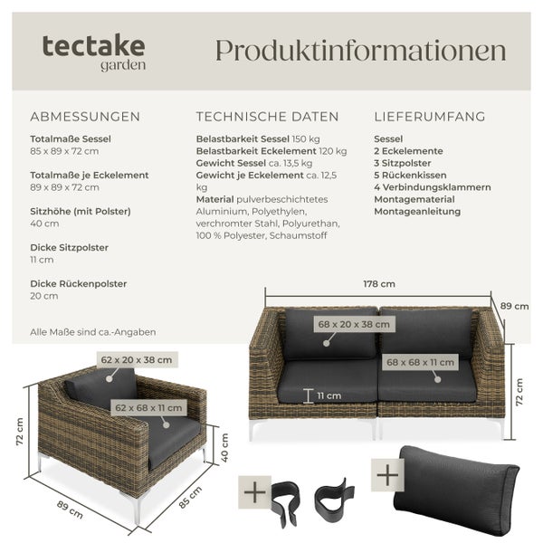 Modulares Rattanset tectake Villanova kein Aufbau Eckelemente und Sessel mit Aluminiumgestell anthrazit-meliert