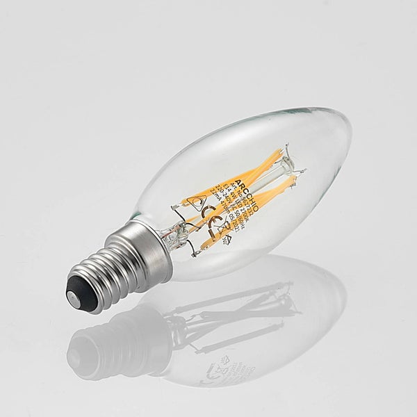 LED-Filament-Kerzenlampe mit E14-Sockel, klarem Glas und 4 Watt.