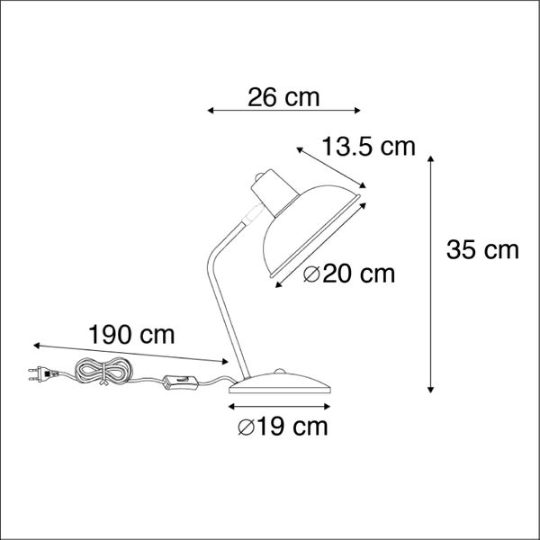 Technische Zeichnung einer Schreibtischlampe mit Maßangaben