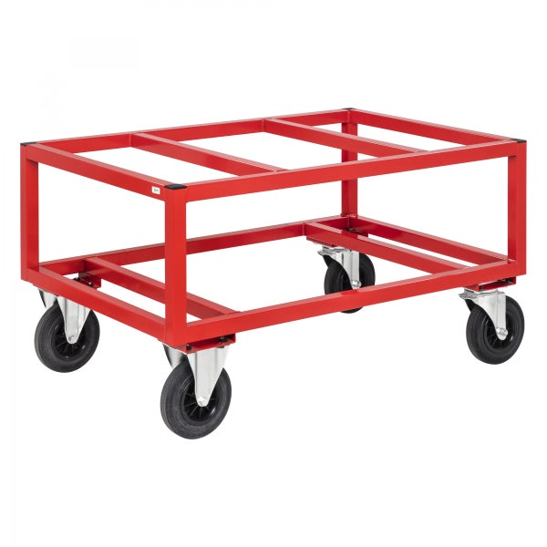 Kongamek Palettenwagen in rot 650mm hoch mit Bremse für Paletten 1200x1000mm