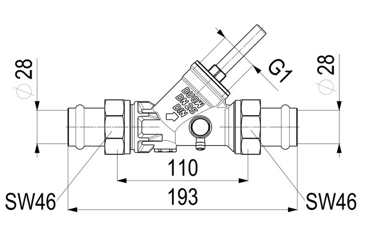 Technische Zeichnung eines Schrägsitzventils DN 25 mit Maßen: Länge 193 mm, Anschlussdurchmesser 28 mm und Schlüsselweite 46.