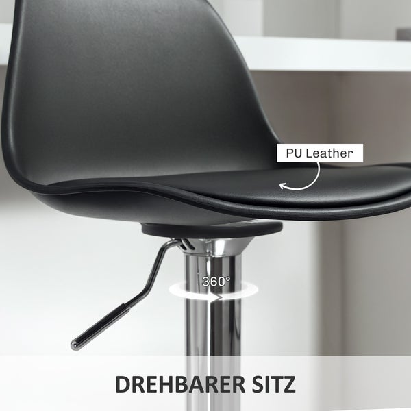 HOMCOM Barhocker 2er Set, Gepolstert Barstuhl mit Stahlgestell, Lehne, Höhenverstellbar Küchenstühle mit Fußstütze 360° Drehbar Tresenhocker für Küche, Wohnzimmer, Esszimmer, Kunstleder Schwarz