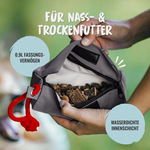 Grauer Futterbeutel für Hunde mit roter Kordel, geeignet für Nass- und Trockenfutter, Fassungsvermögen 0,9 Liter, wasserdichte Innenschicht