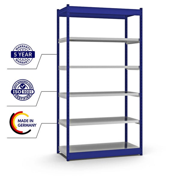PROREGAL Fachbodenregal Stecksystem Vierkant-Profil Grundregal HxBxT 250 x 132,5 x 50 cm 6 Ebenen Einseitige Bauart Fachlast 200 kg Enzianblau