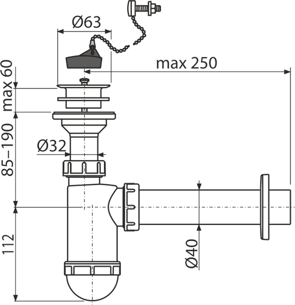 Technische Zeichnung eines Siphons für ein Waschbecken mit den dazugehörigen Abmessungen in Millimetern.