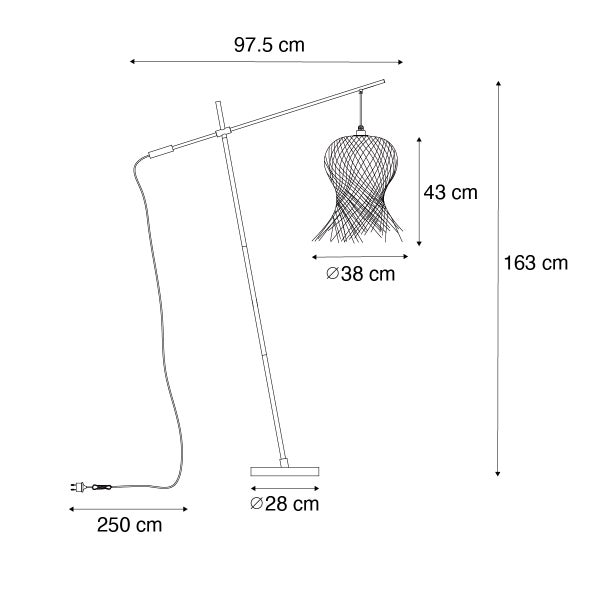 Maßzeichnung einer Stehleuchte mit Gitterlampenschirm. Höhe 163 Zentimeter, Ausladung 97,5 Zentimeter, Kabellänge 250 Zentimeter.